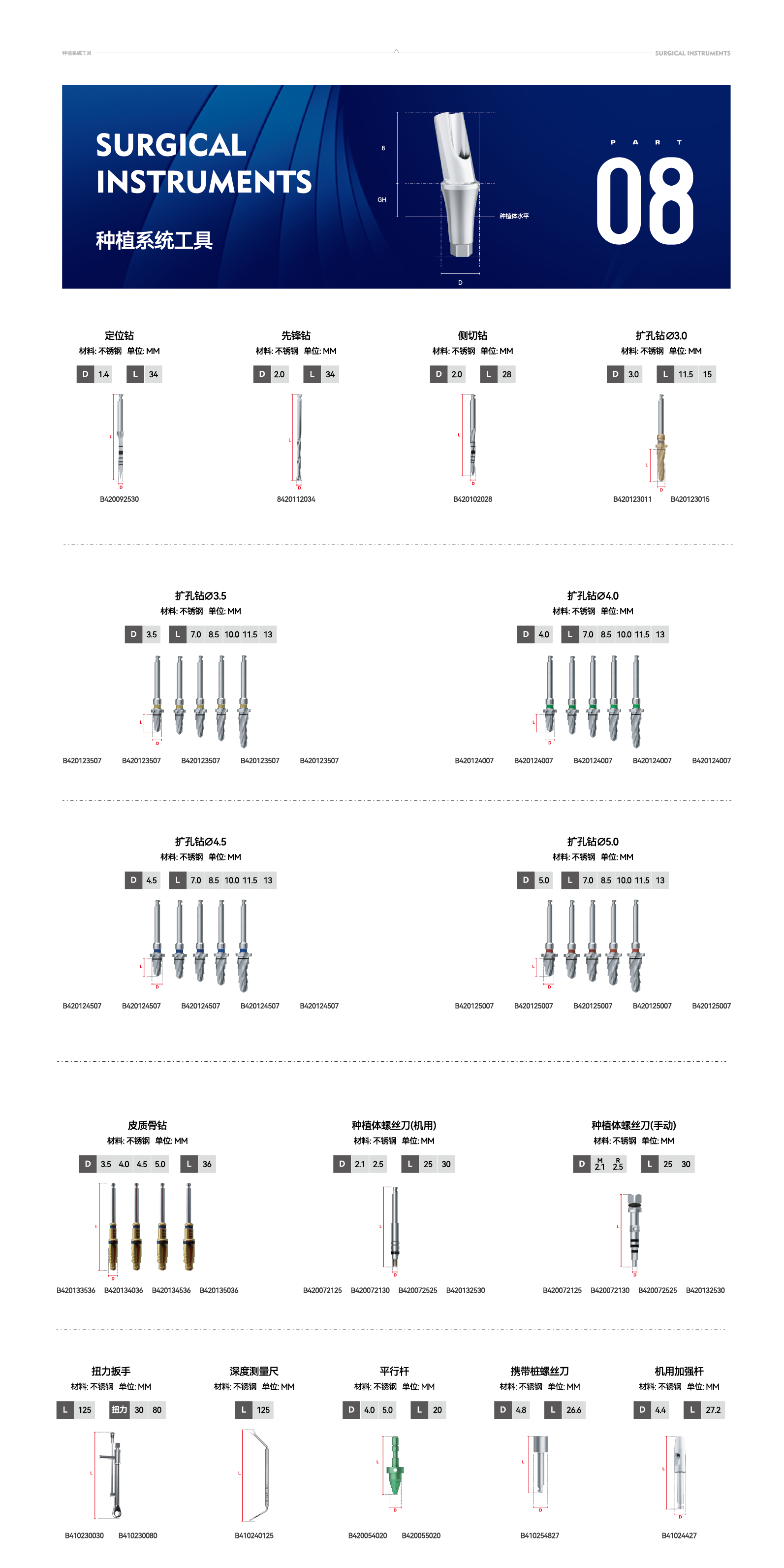 种植系统工具 SURGICAL INSTRUMENTS - 安歌种植体系统规格
